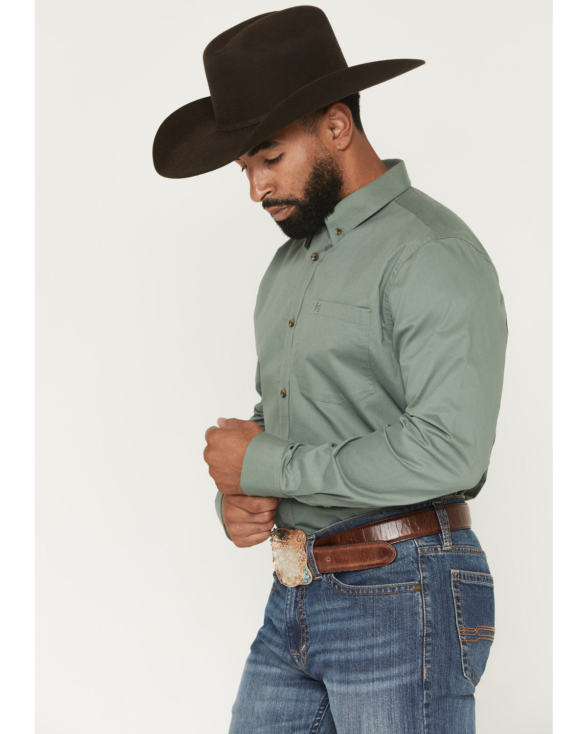 Men's Basic Solid Long Sleeve Button-Down Stretch Western S Sage