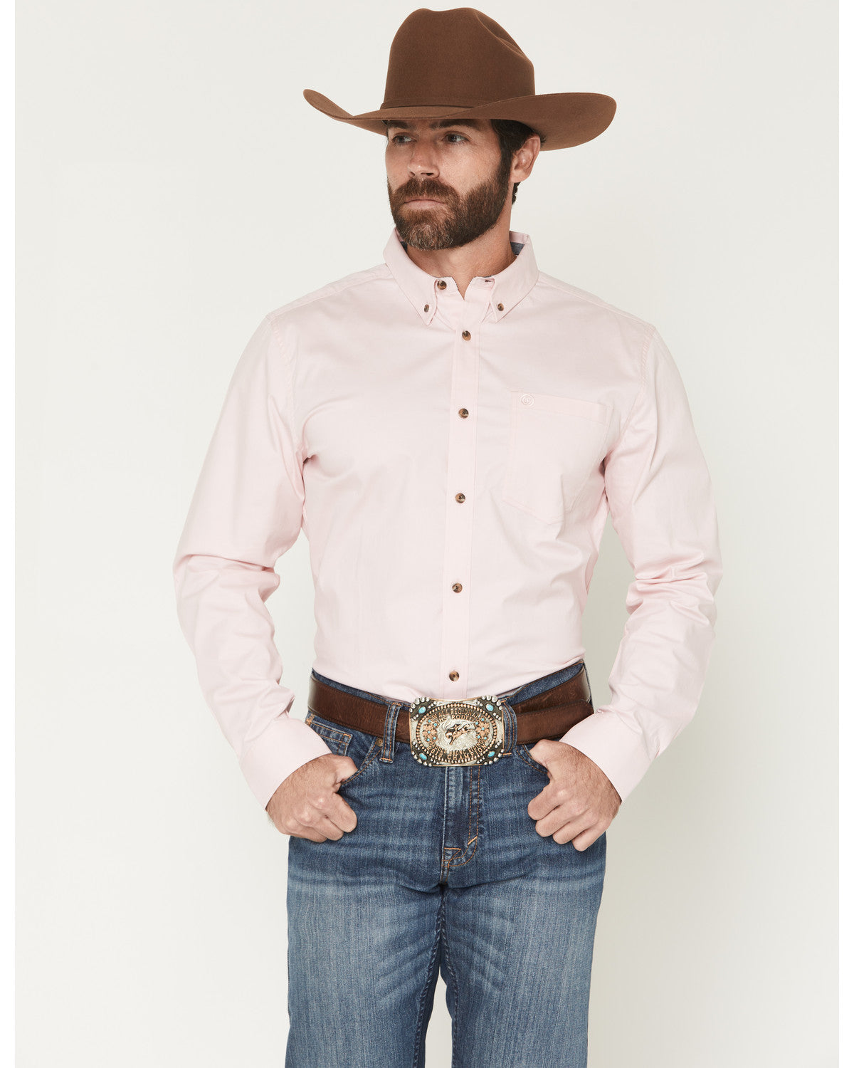 Men's Basic Solid Long Sleeve Button-Down Stretch Western S Pink