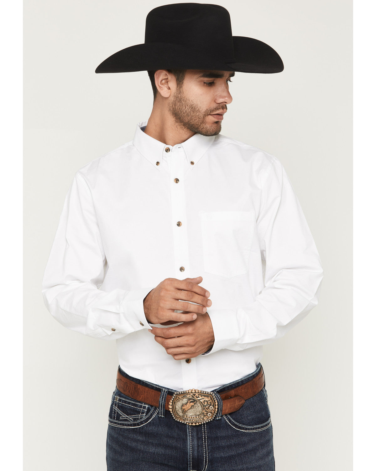 Men's Basic Solid Long Sleeve Button-Down Stretch Western S White