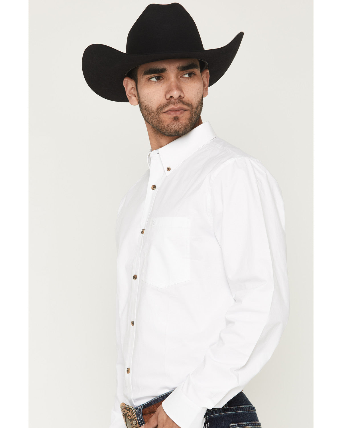 Men's Basic Solid Long Sleeve Button-Down Stretch Western S White