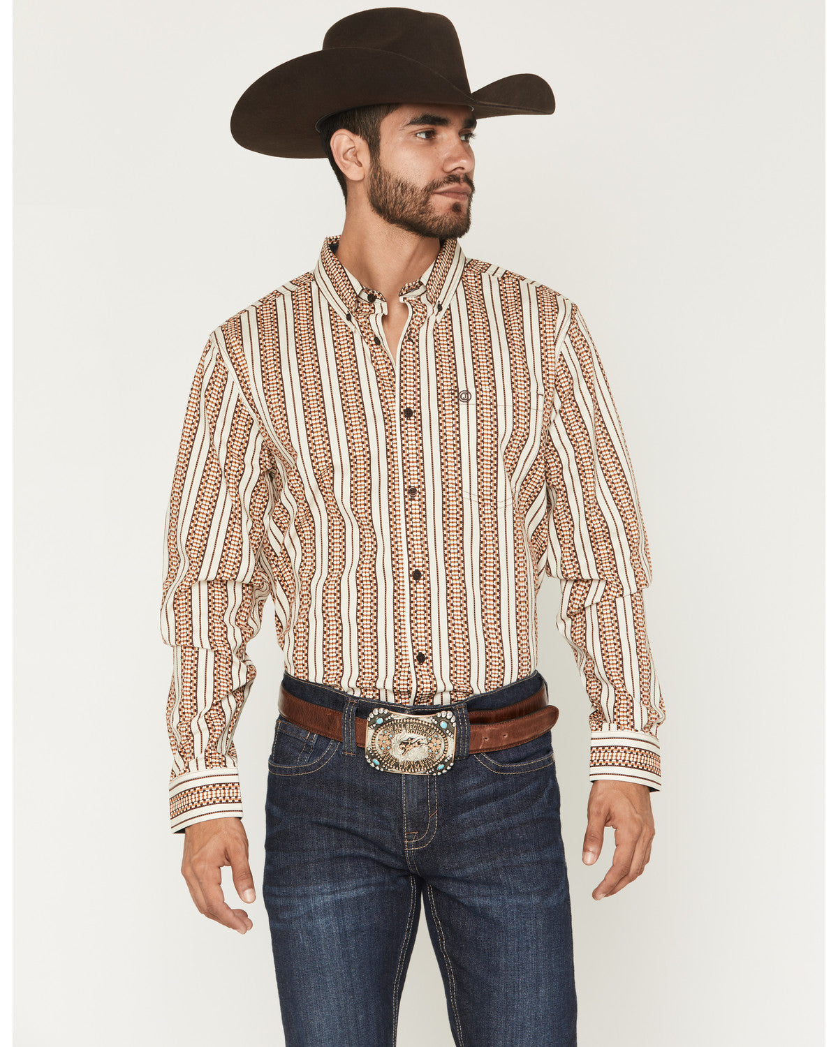 Men's Waylon Geo Stripe Print Long Sleeve Button-Down Stret Tan