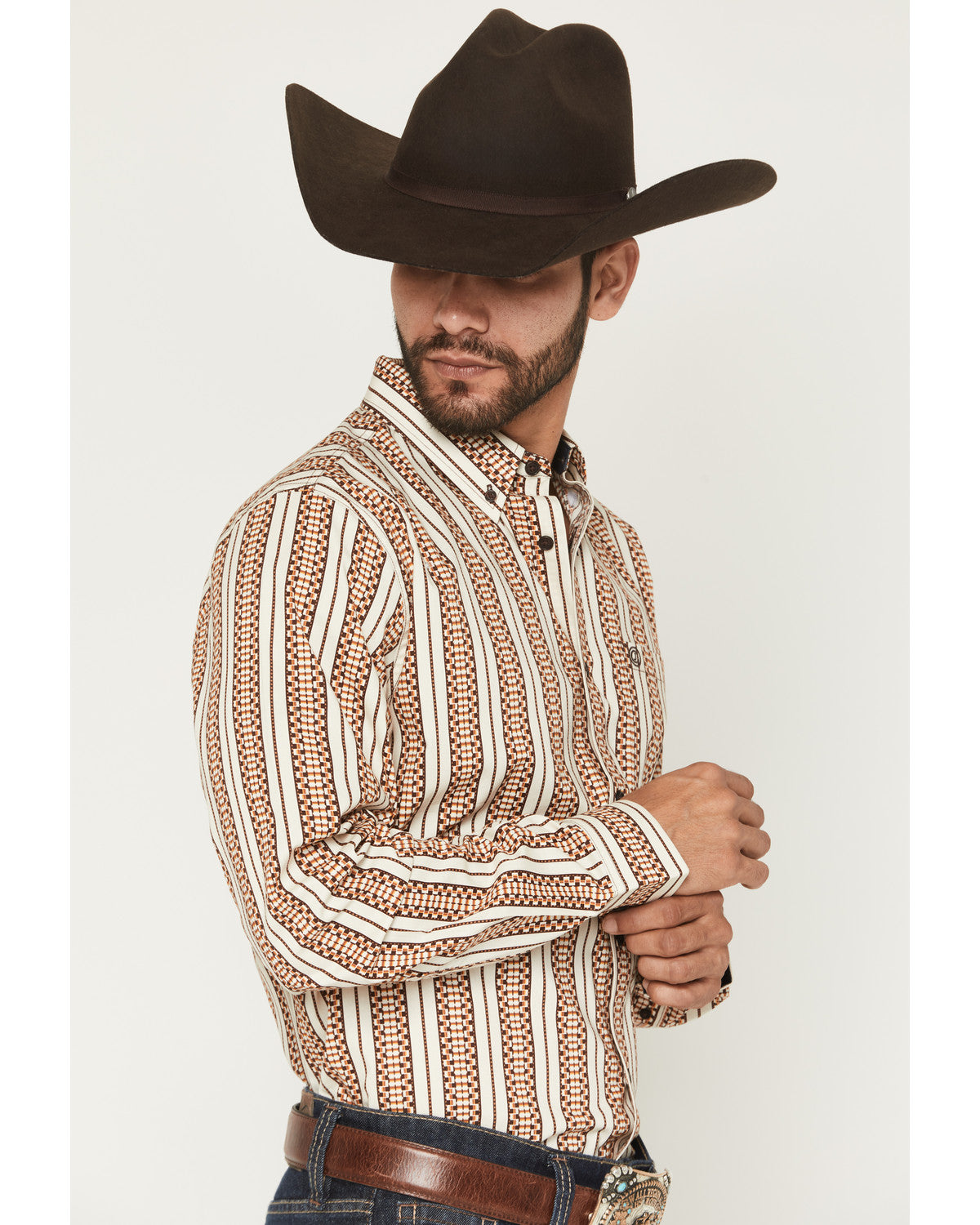 Men's Waylon Geo Stripe Print Long Sleeve Button-Down Stret Tan