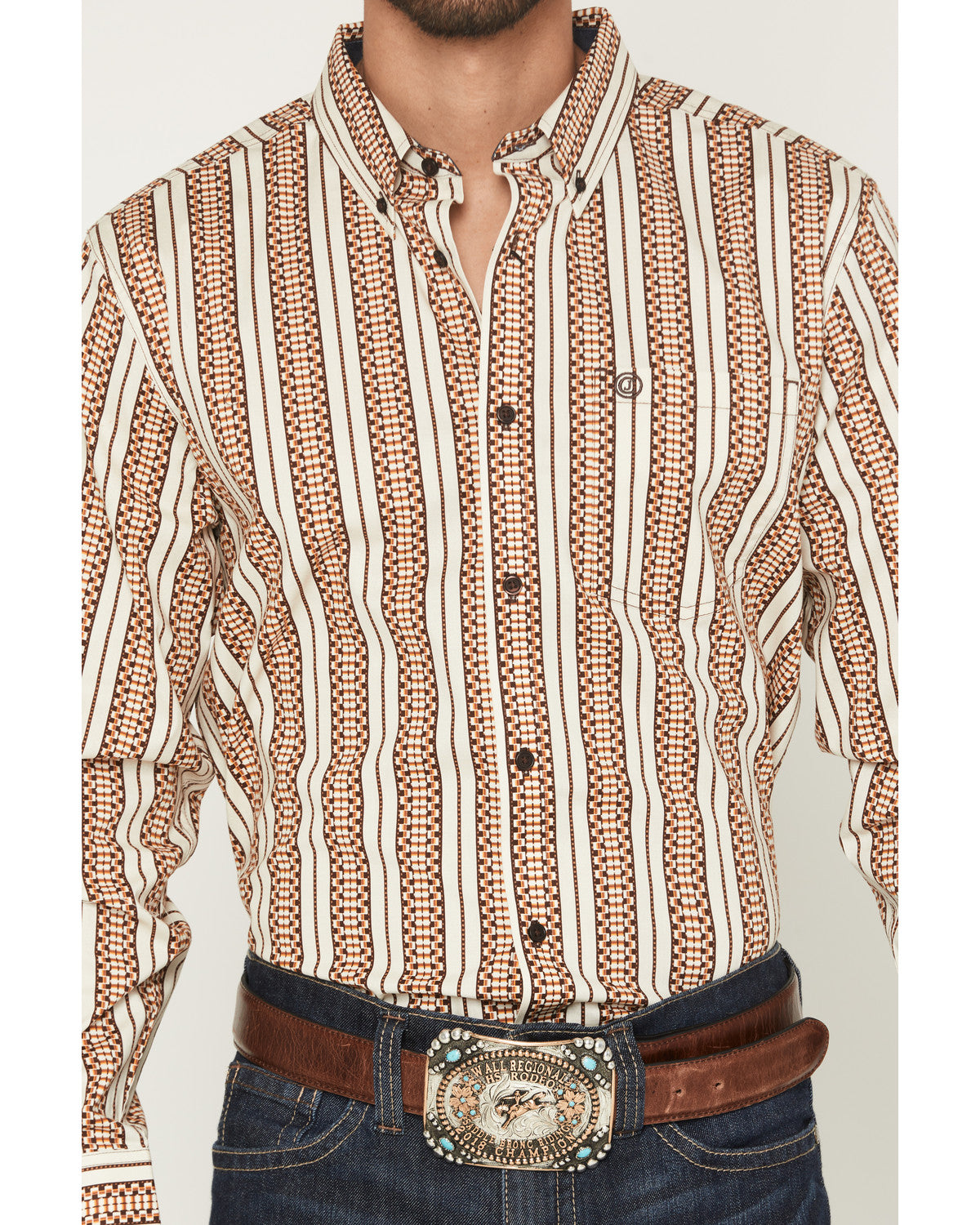 Men's Waylon Geo Stripe Print Long Sleeve Button-Down Stret Tan