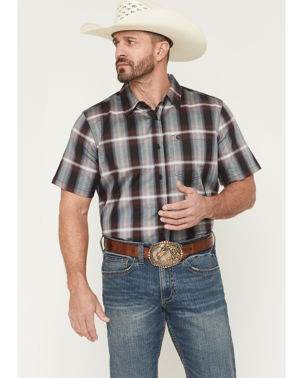Men's Bowen Plaid Print Short Sleeve Button-Down Stretch We Purple