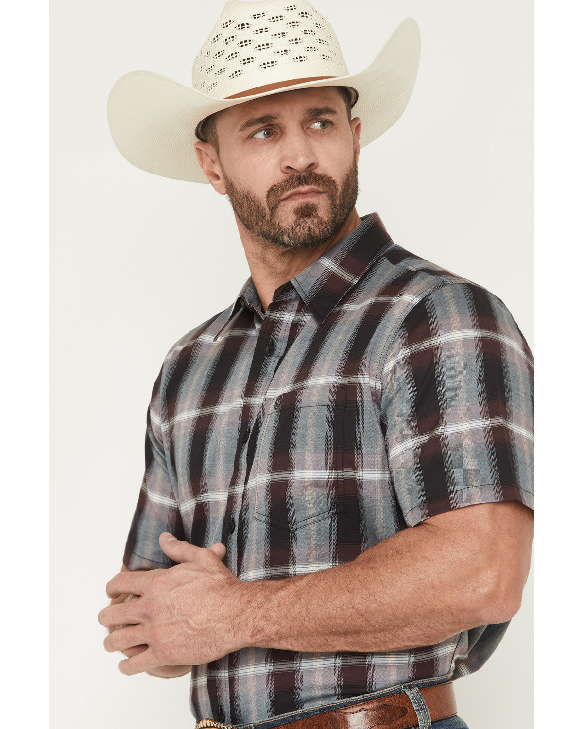 Men's Bowen Plaid Print Short Sleeve Button-Down Stretch We Purple