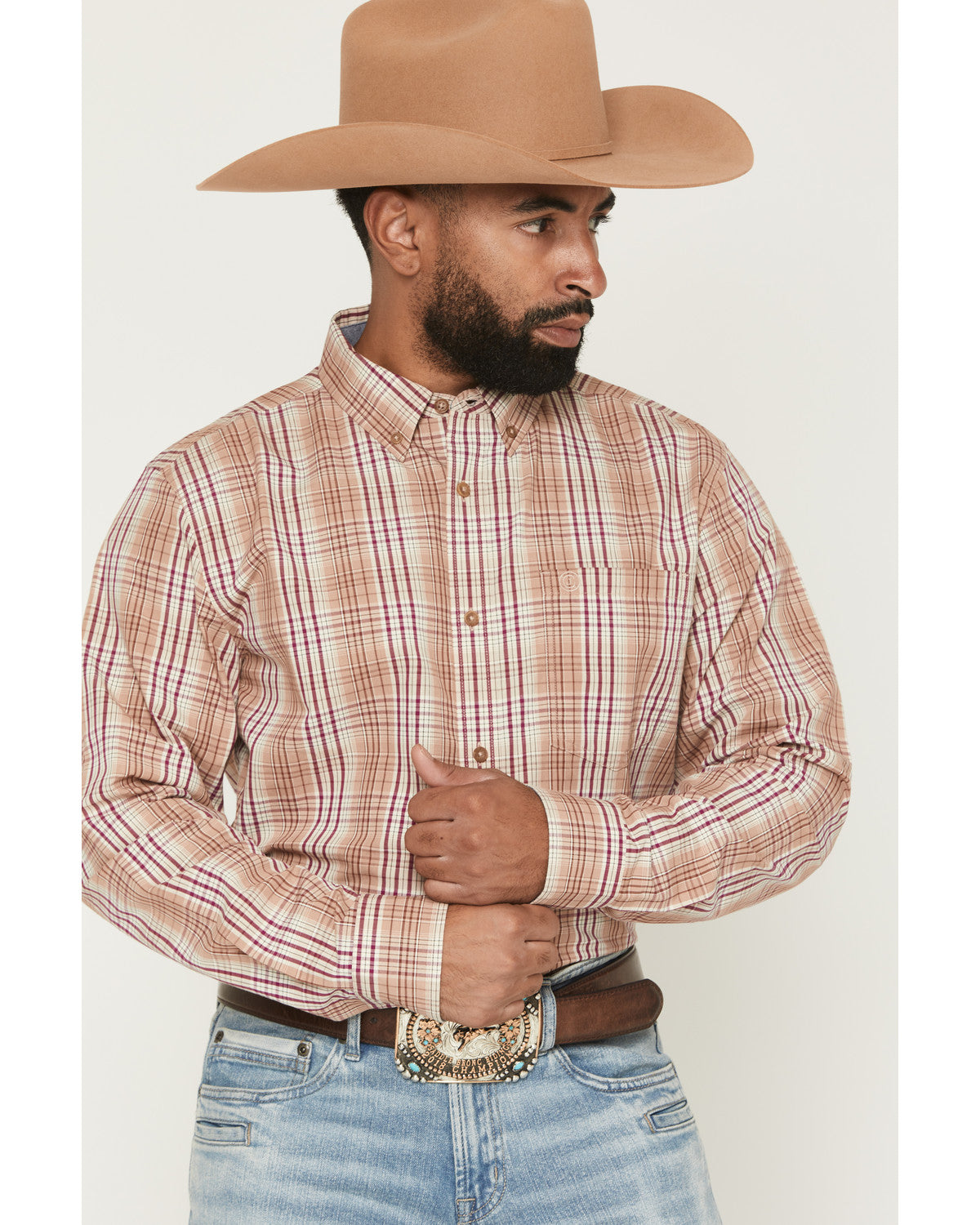 Men's Bodie Plaid Print Long Sleeve Button-Down Stretch Wes Tan