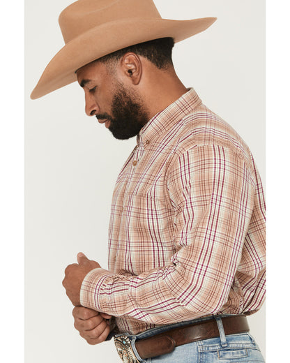 Men's Bodie Plaid Print Long Sleeve Button-Down Stretch Wes Tan