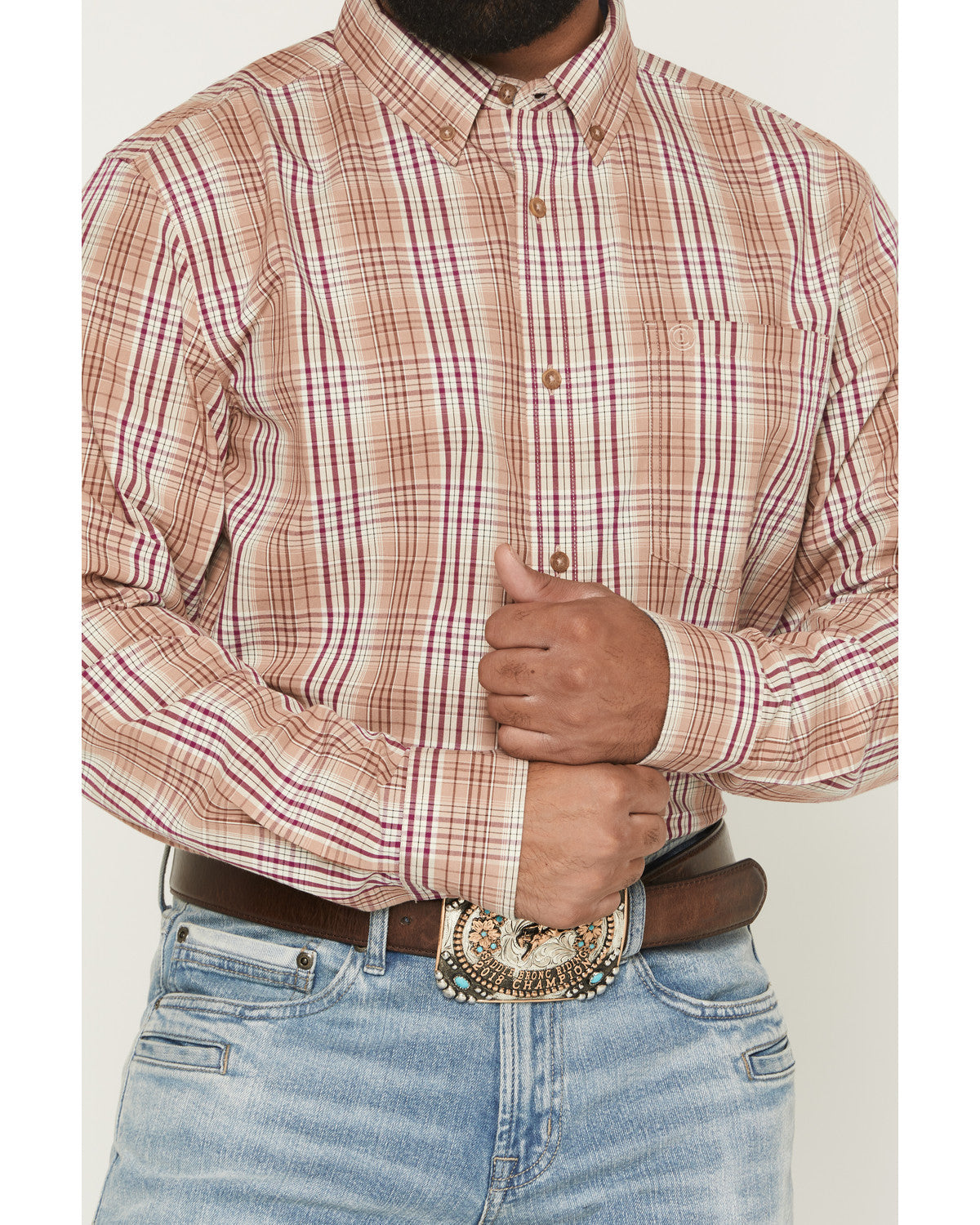 Men's Bodie Plaid Print Long Sleeve Button-Down Stretch Wes Tan