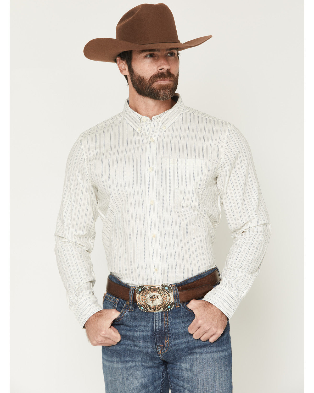 Men's Cade Dobby Stripe Print Long Sleeve Button-Down Weste Off White