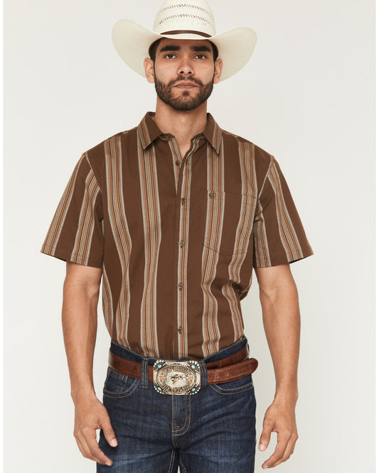 Silas Stripe Print Short Sleeve Button-Down Stretch Western Brown