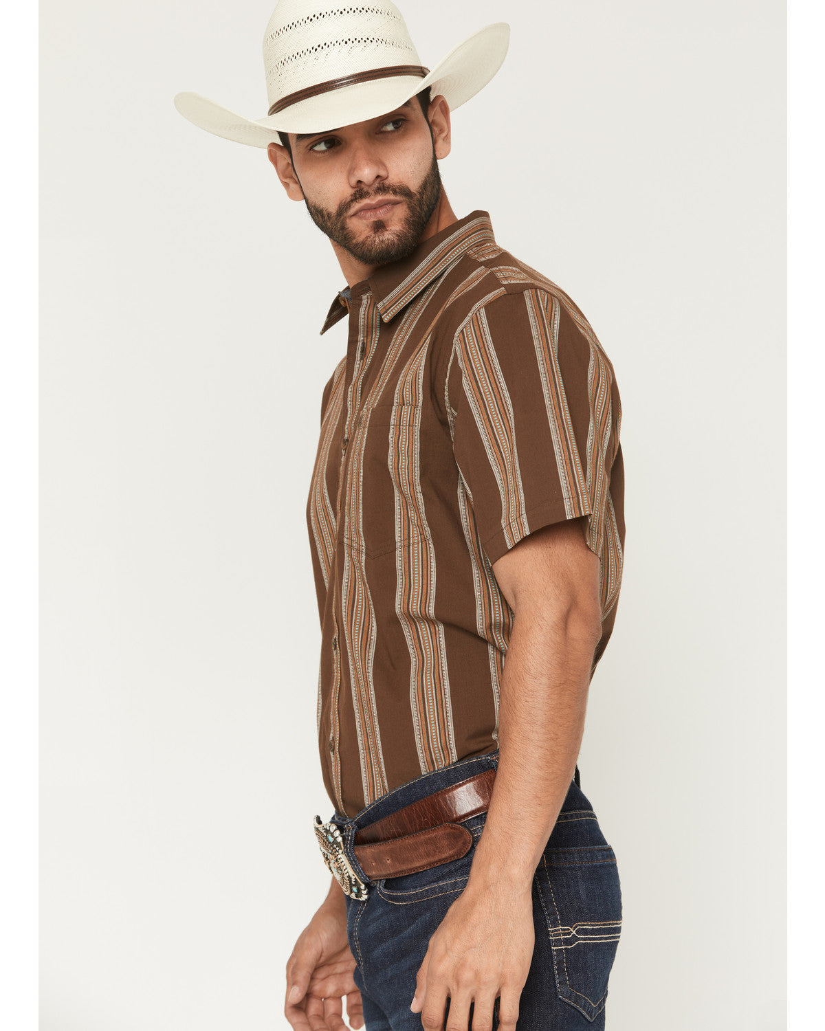 Silas Stripe Print Short Sleeve Button-Down Stretch Western Brown