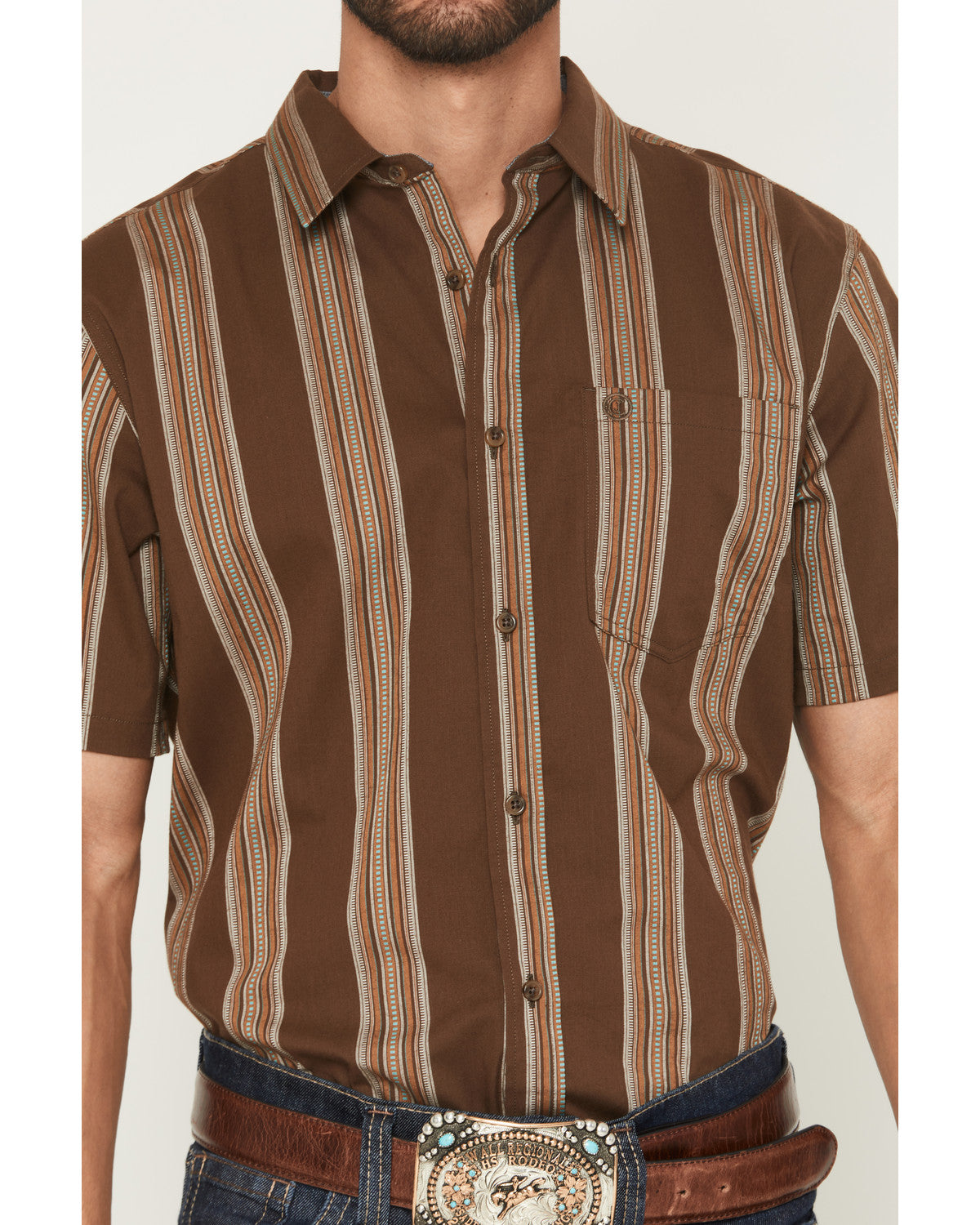 Silas Stripe Print Short Sleeve Button-Down Stretch Western Brown