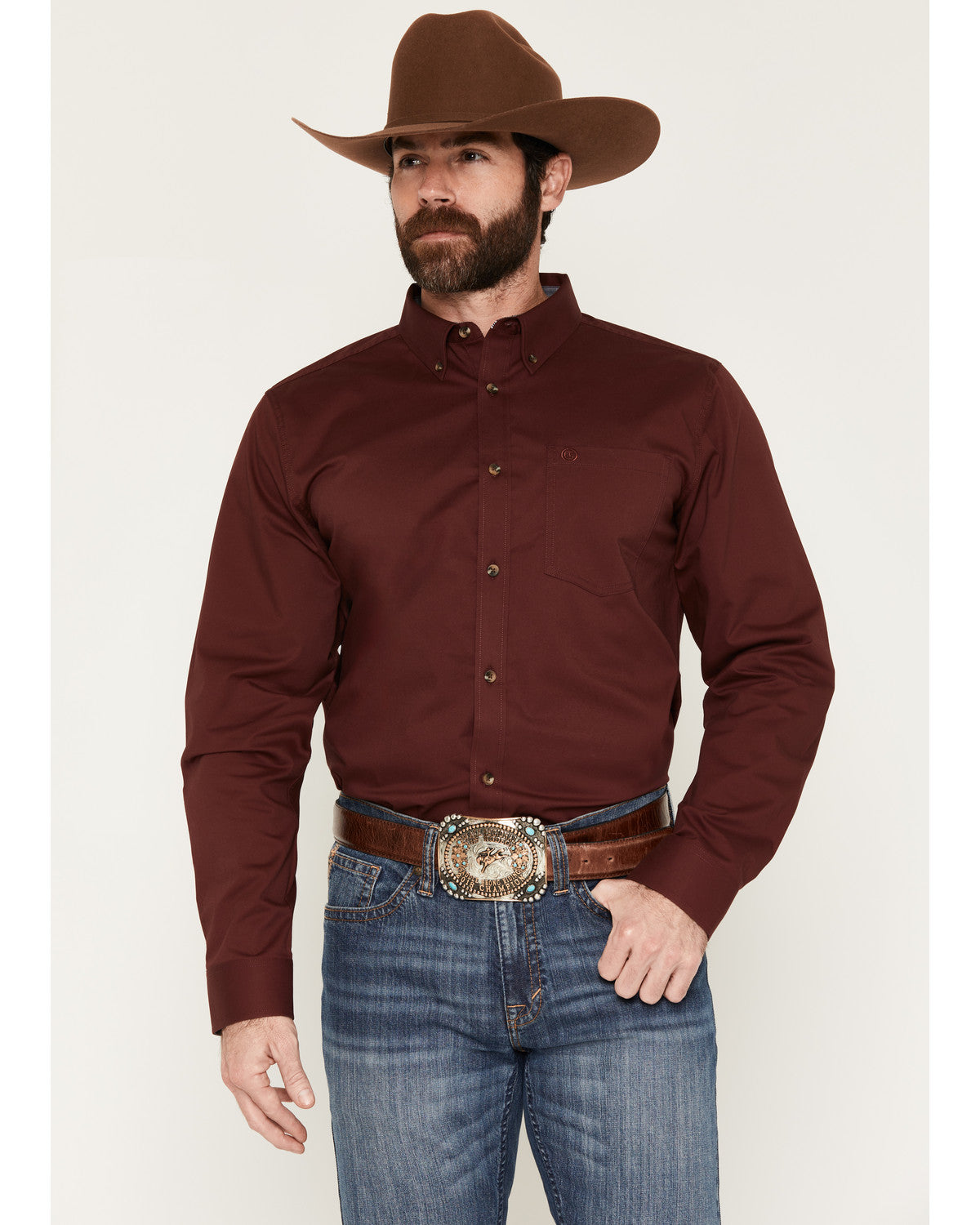 Men's Basic Solid Long Sleeve Button-Down Stretch Western S Wine