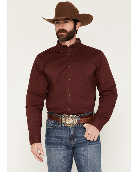 Men's Basic Solid Long Sleeve Button-Down Stretch Western S Wine