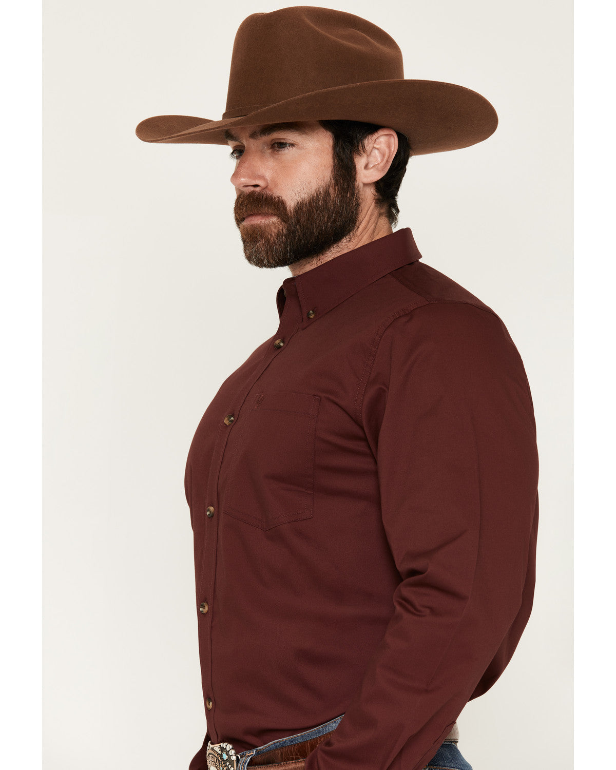 Men's Basic Solid Long Sleeve Button-Down Stretch Western S Wine
