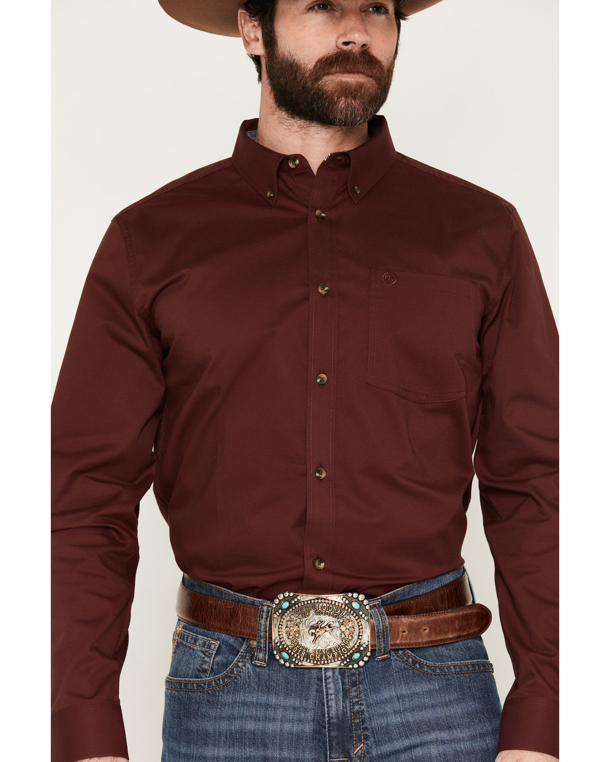 Men's Basic Solid Long Sleeve Button-Down Stretch Western S Wine
