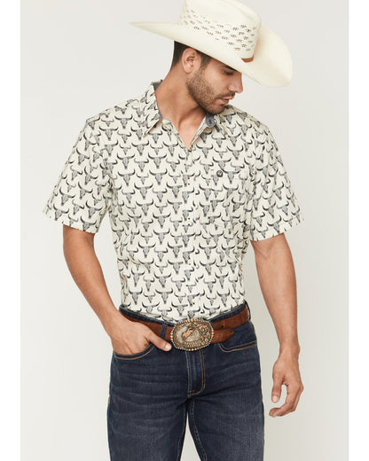 Men's Toro Steer Head Print Short Sleeve Button-Down Stretc Tan