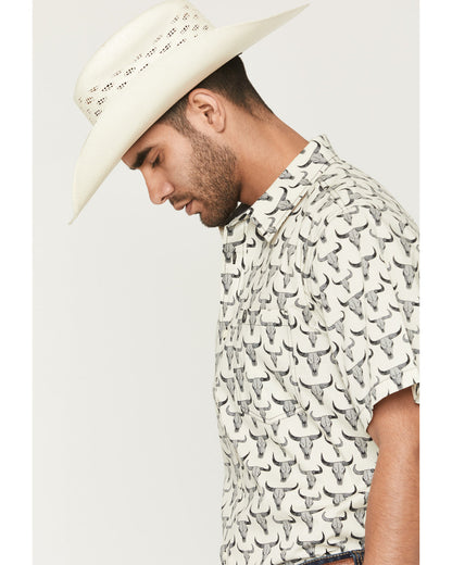 Men's Toro Steer Head Print Short Sleeve Button-Down Stretc Tan