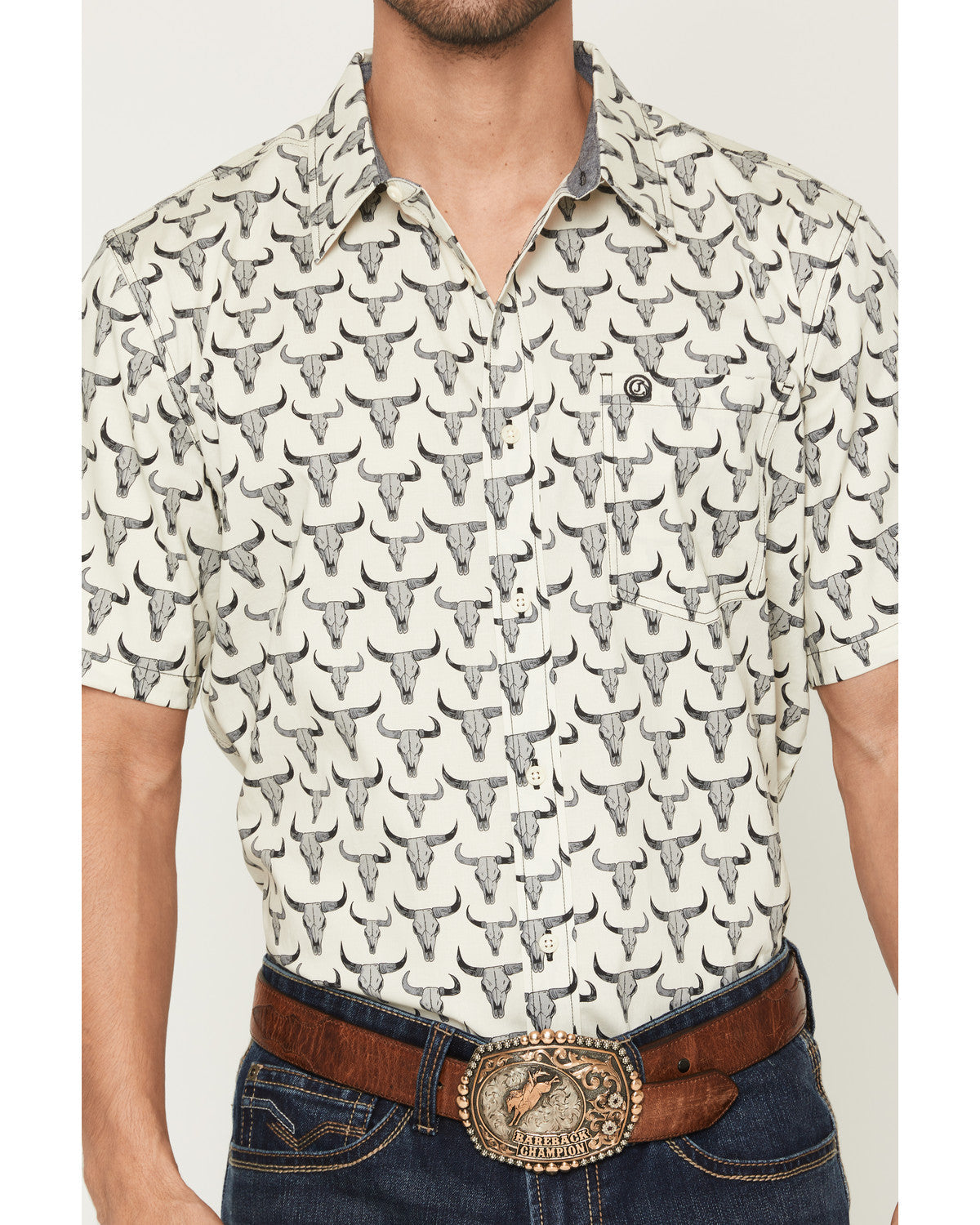 Men's Toro Steer Head Print Short Sleeve Button-Down Stretc Tan