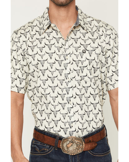 Men's Toro Steer Head Print Short Sleeve Button-Down Stretc Tan