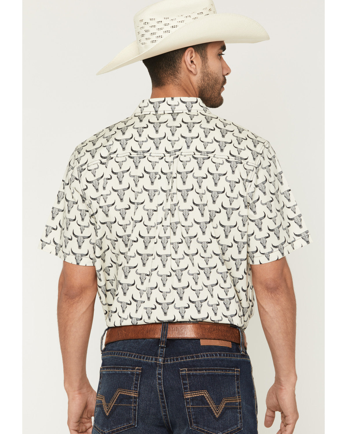 Men's Toro Steer Head Print Short Sleeve Button-Down Stretc Tan