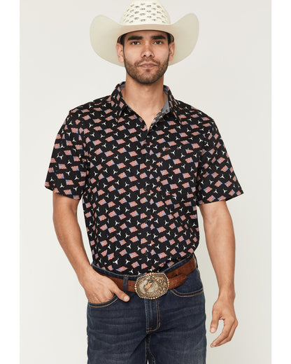 Men's Stars & Flags Short Sleeve Button-Down Stretch Wester Black