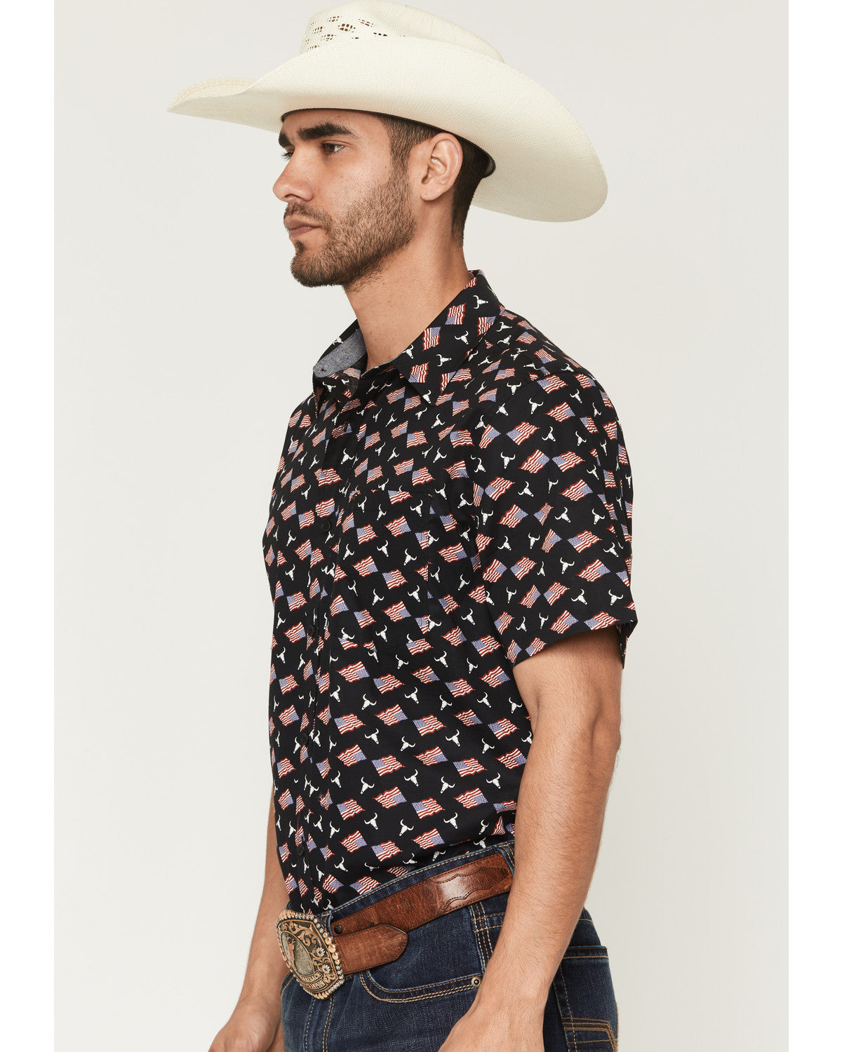 Men's Stars & Flags Short Sleeve Button-Down Stretch Wester Black