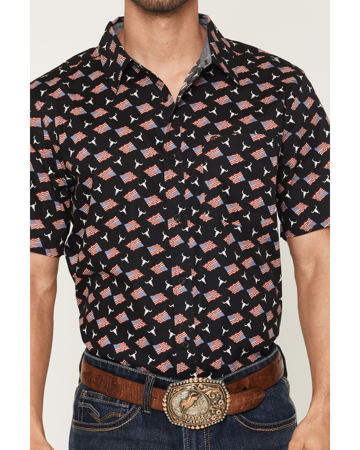 Men's Stars & Flags Short Sleeve Button-Down Stretch Wester Black