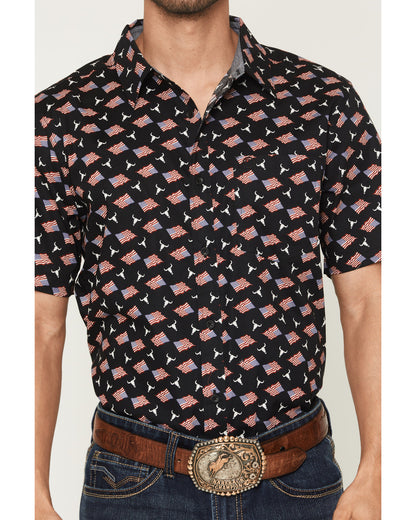 Men's Stars & Flags Short Sleeve Button-Down Stretch Wester Black