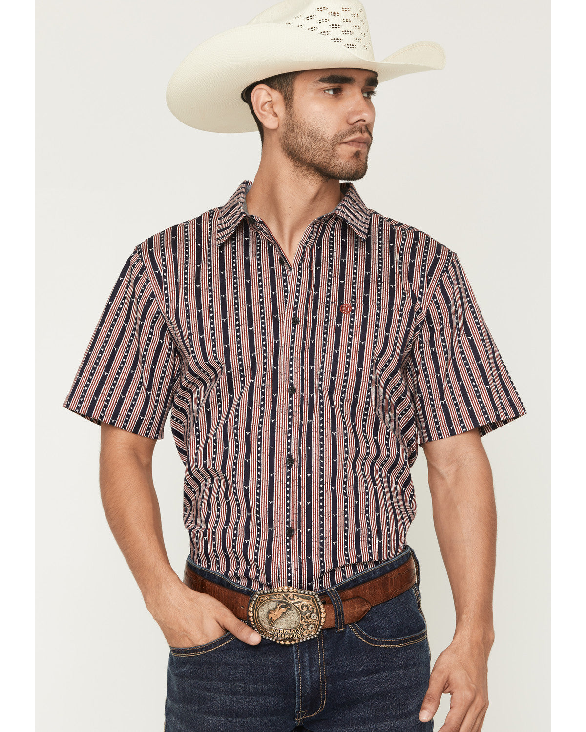 Men's Stripe Steerhead Short Sleeve Button-Down Stretch Wes Navy