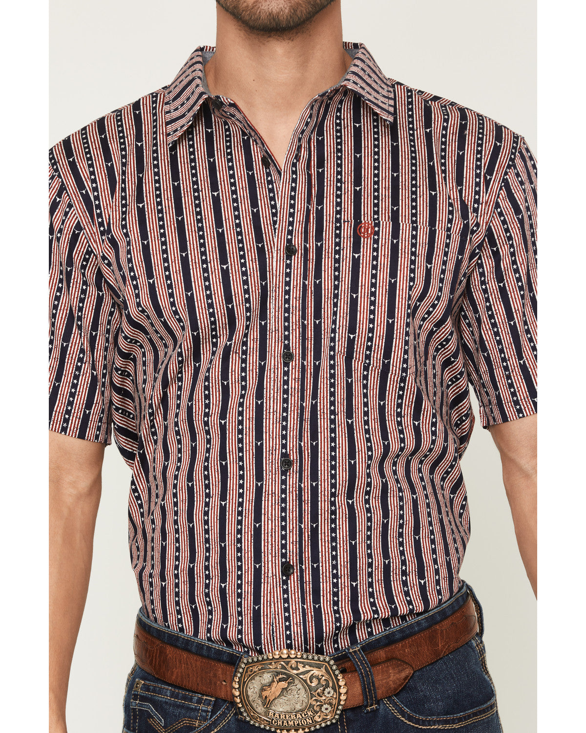 Men's Stripe Steerhead Short Sleeve Button-Down Stretch Wes Navy