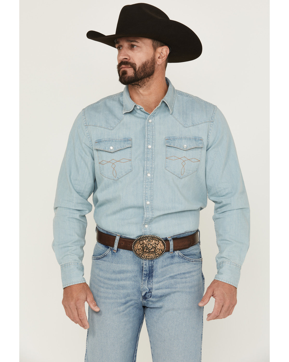 Men's Frosty Light Wash Long Sleeve Snap Denim Western Shir Light Wash