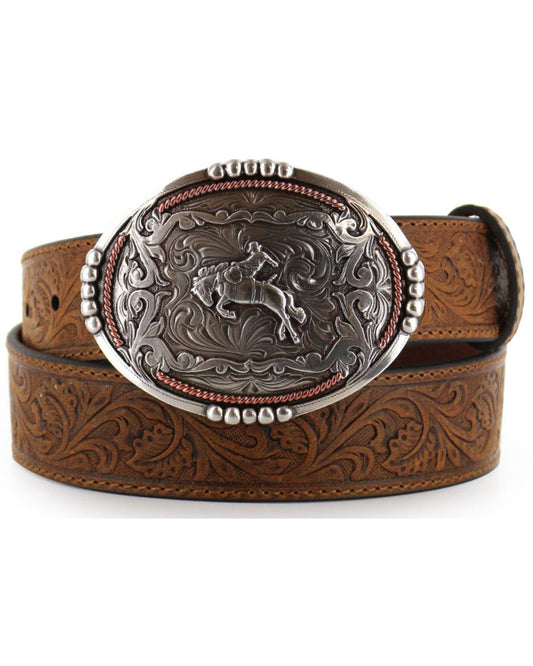 Men's Bronc Buckle Tooled Leather Belt Tan