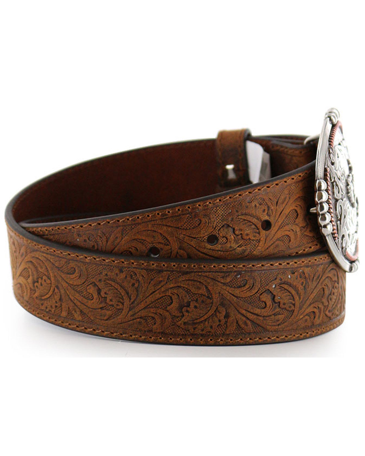 Men's Bronc Buckle Tooled Leather Belt Tan