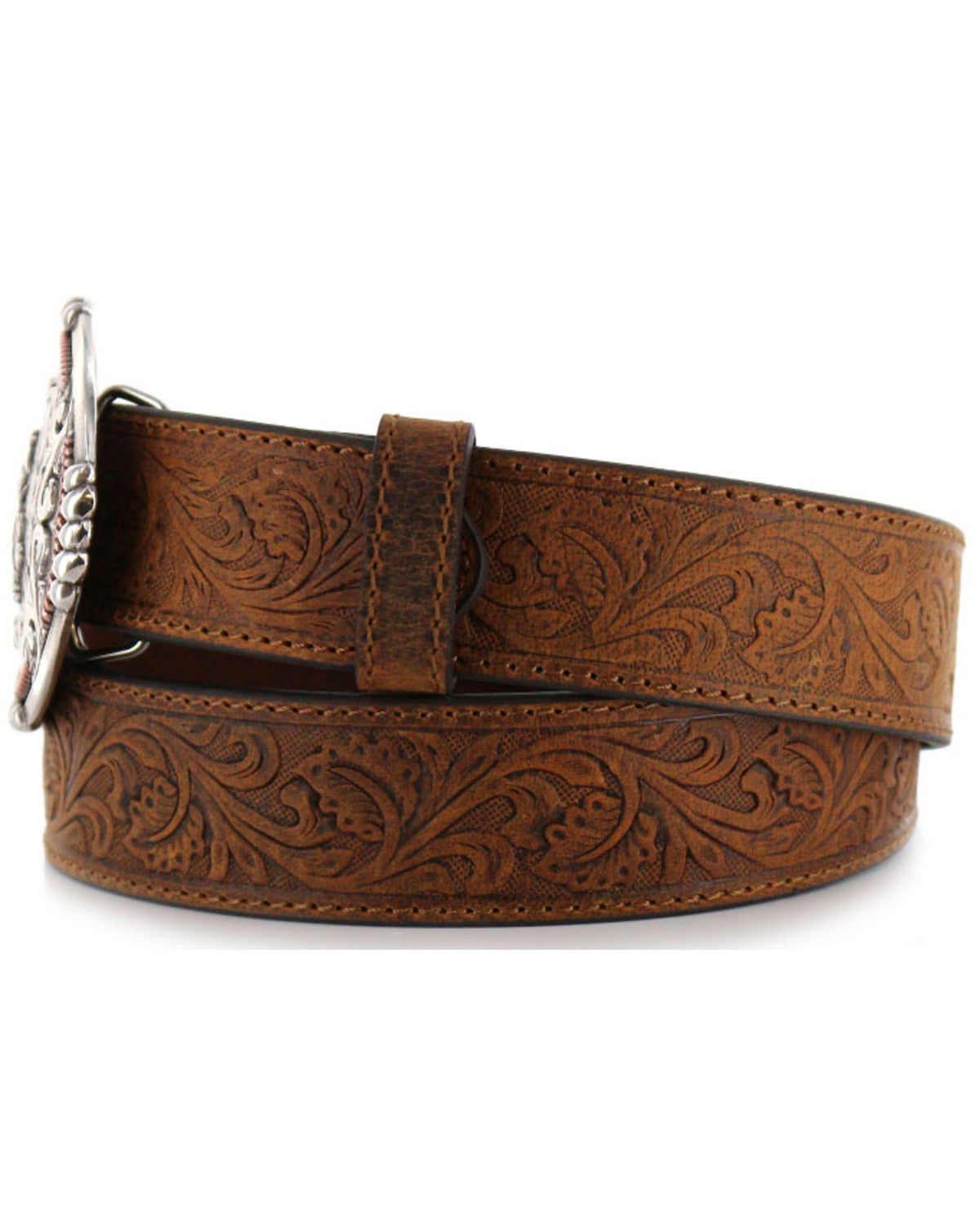 Men's Bronc Buckle Tooled Leather Belt Tan