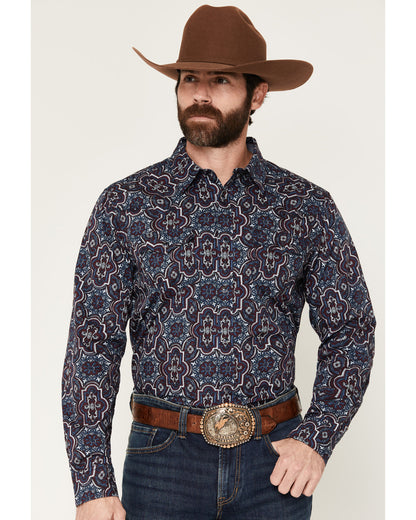 Men's Muddy Medallion Print Long Sleeve Snap Western Shirt Navy
