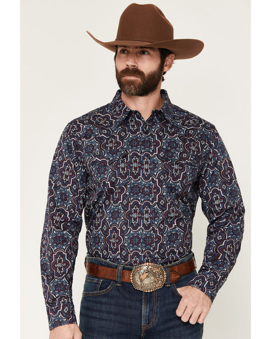 Men's Muddy Medallion Print Long Sleeve Snap Western Shirt Navy