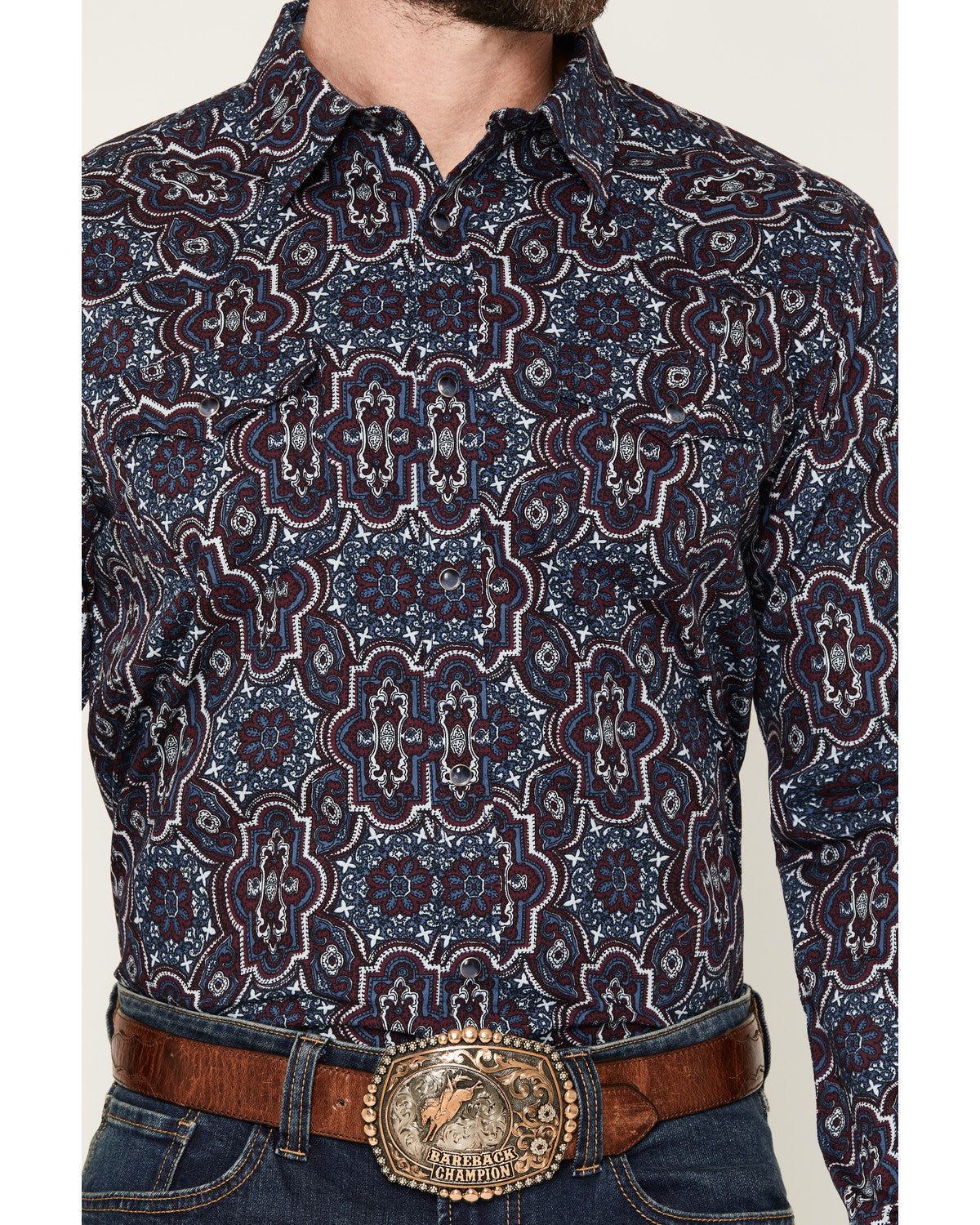 Men's Muddy Medallion Print Long Sleeve Snap Western Shirt Navy