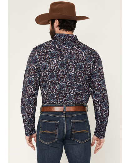 Men's Muddy Medallion Print Long Sleeve Snap Western Shirt Navy