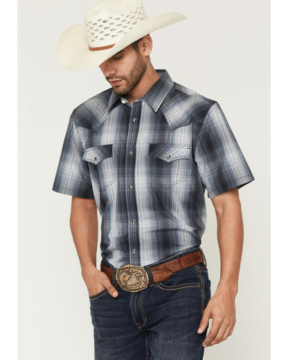 Men's Weed Wacker Plaid Print Short Sleeve Snap Western Shi Blue