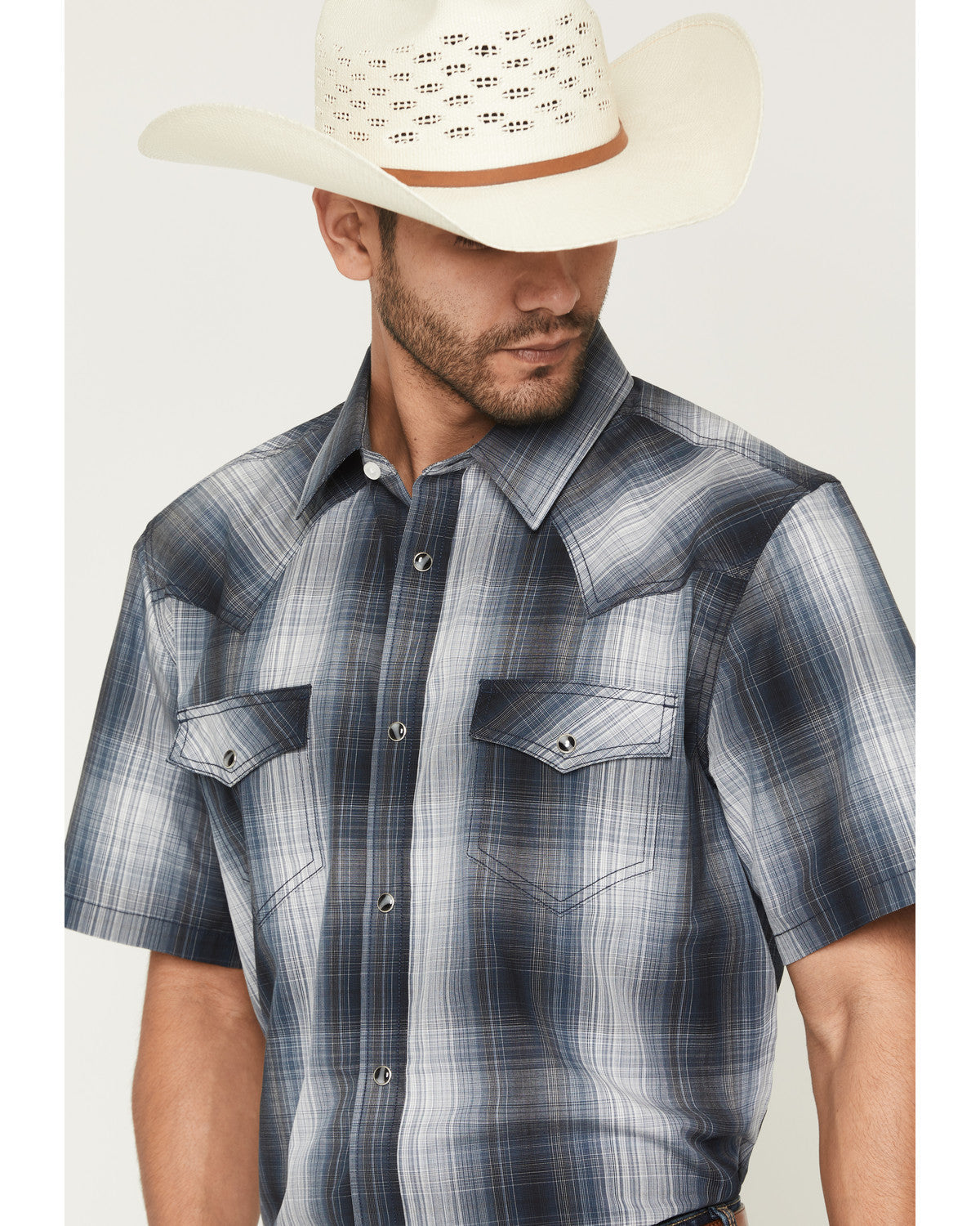 Men's Weed Wacker Plaid Print Short Sleeve Snap Western Shi Blue