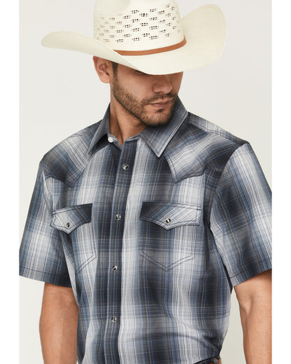 Men's Weed Wacker Plaid Print Short Sleeve Snap Western Shi Blue