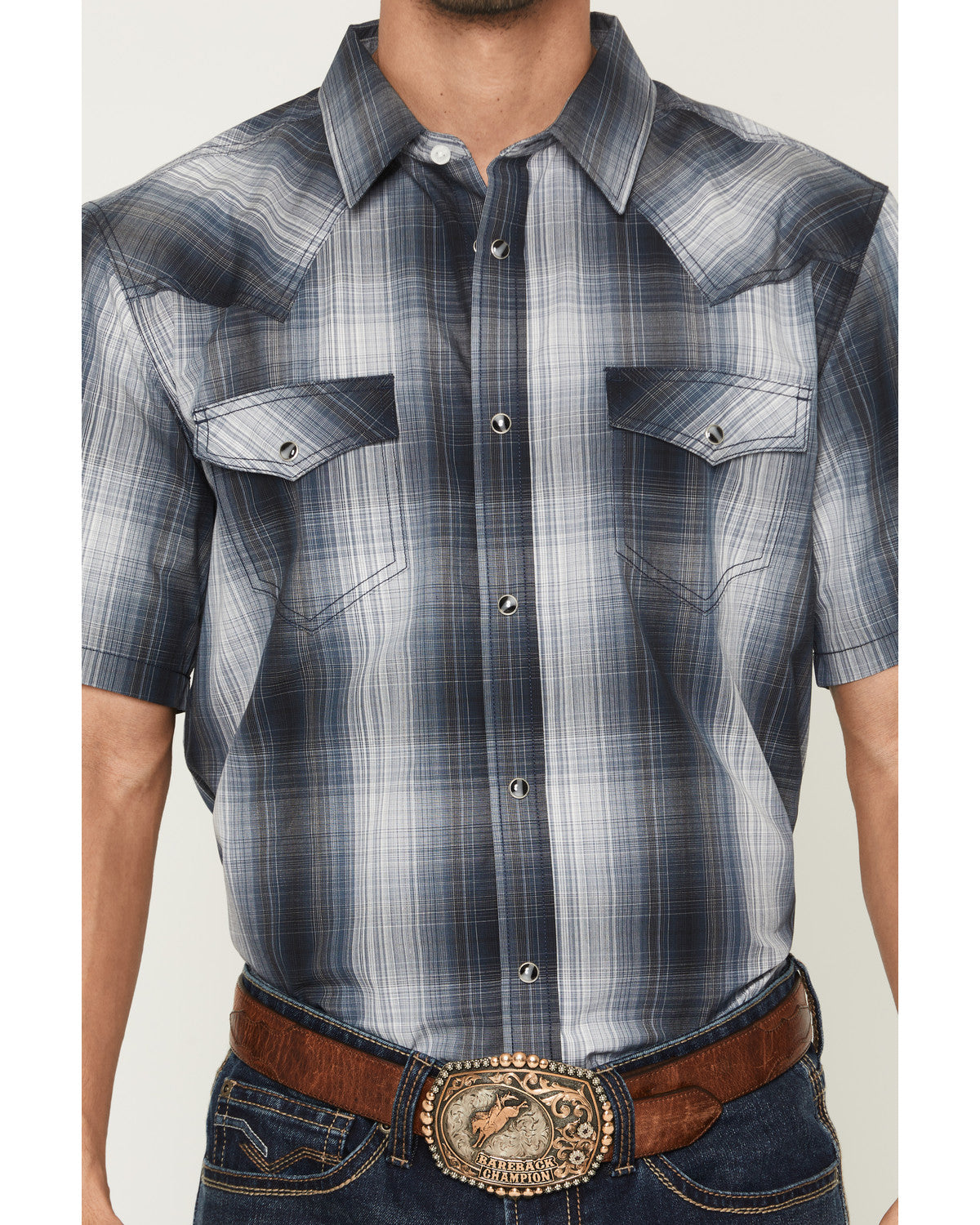 Men's Weed Wacker Plaid Print Short Sleeve Snap Western Shi Blue
