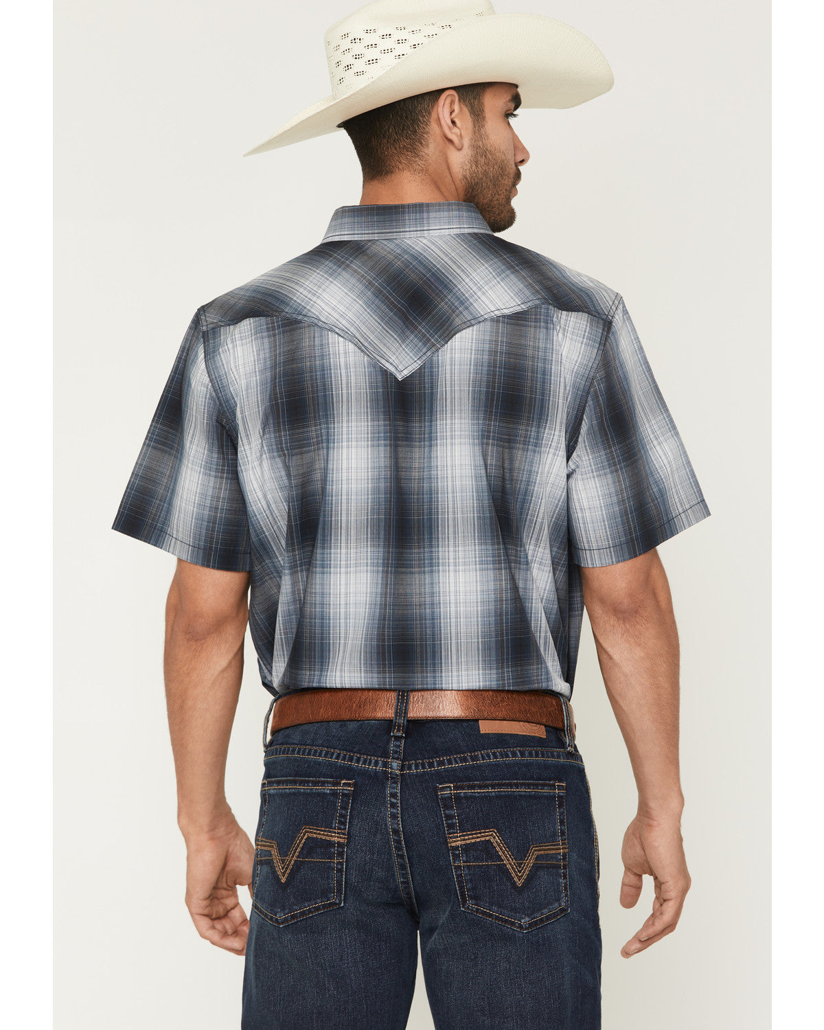 Men's Weed Wacker Plaid Print Short Sleeve Snap Western Shi Blue