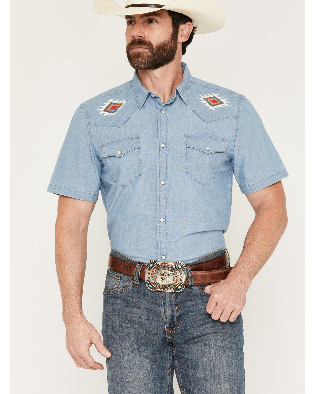 Men's Tucson Embroidered Denim Short Sleeve Snap Western Sh Light Wash