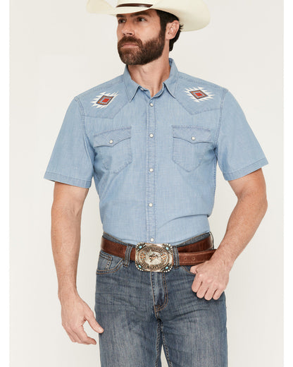 Men's Tucson Embroidered Denim Short Sleeve Snap Western Sh Light Wash