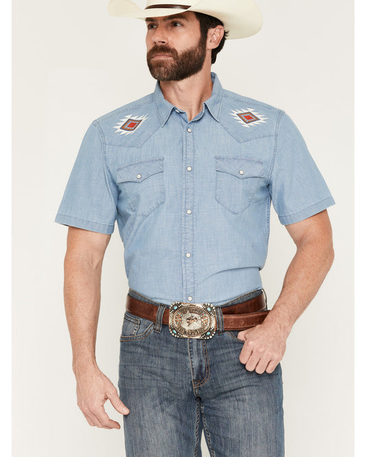 Men's Tucson Embroidered Denim Short Sleeve Snap Western Sh Light Wash