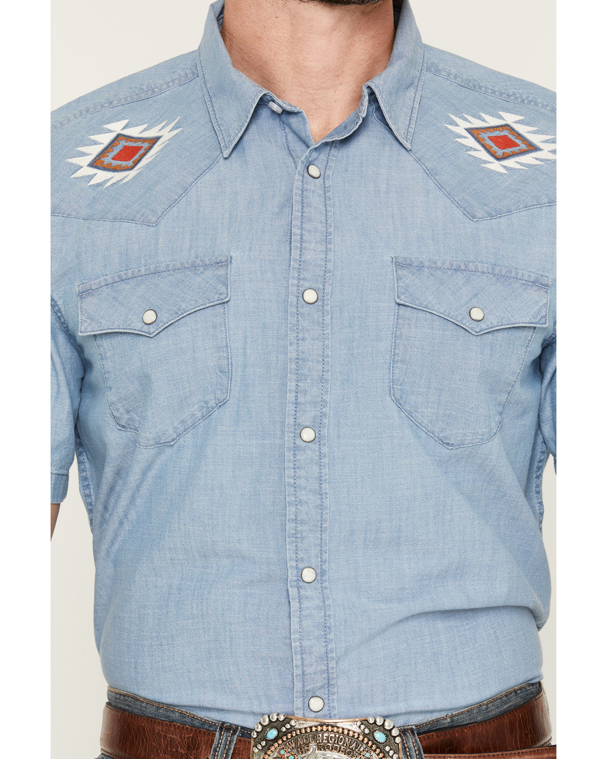 Men's Tucson Embroidered Denim Short Sleeve Snap Western Sh Light Wash