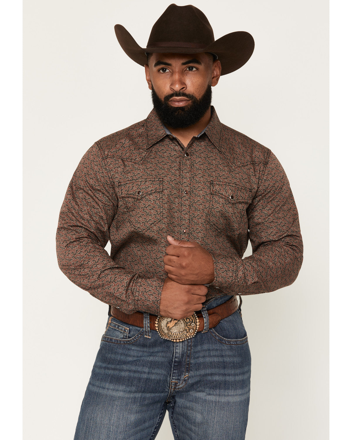 Men's Fireball Geo Print Long Sleeve Snap Western Shirt Brown