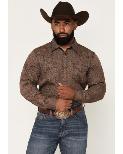 Men's Fireball Geo Print Long Sleeve Snap Western Shirt Brown